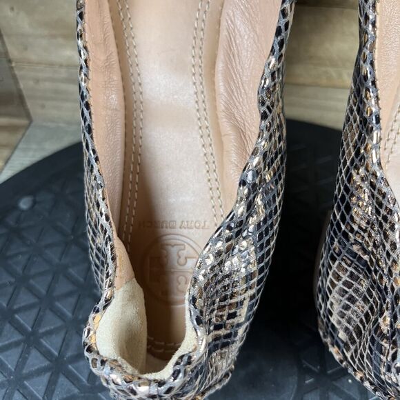 Tory Burch Womens Size 6.5 Python Snake Print Metallic Gold York Cap Toe Flats - Picture 7 of 10